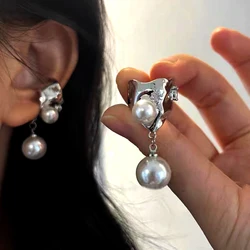 New Silver Color Irregular Metal Imitation Pearl Pendant Ear Clips Personalized Trend Y2K Jewelry for Women Unisex Couple