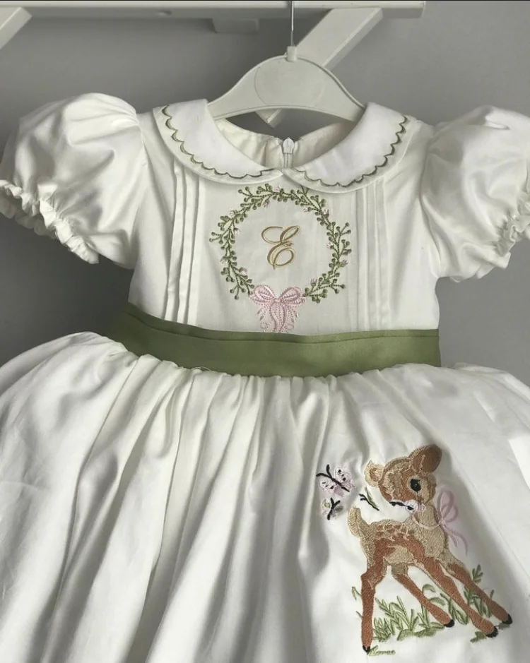 0-12Y Baby Girl Summer Deer Embroidery Turkish Vintage Lolita Princess White Dress for Birthday Holiday Casual Eid Baptism