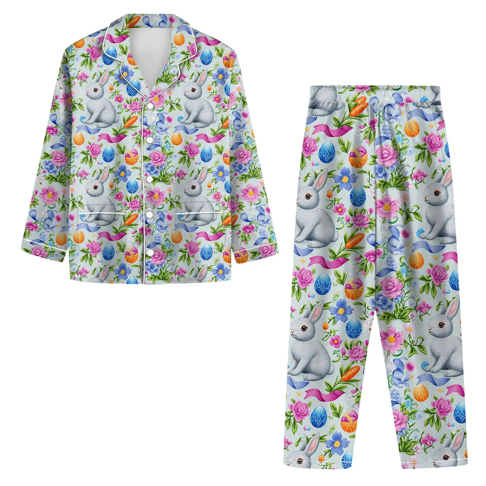 

Ladies' Easter Print Long Sleeved Long Pants Casual Home Set,Spring Loose and Comfortable Collared Shirt and Trousers Loungewear