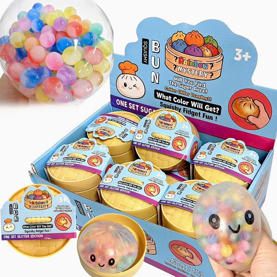 Regenbogen-Dumpling-Squishy mit Perlen-Sensorik-Quetschspielzeug zur Stresslinderung mit Bambus-Dampfgarer, lustiges Geschenk