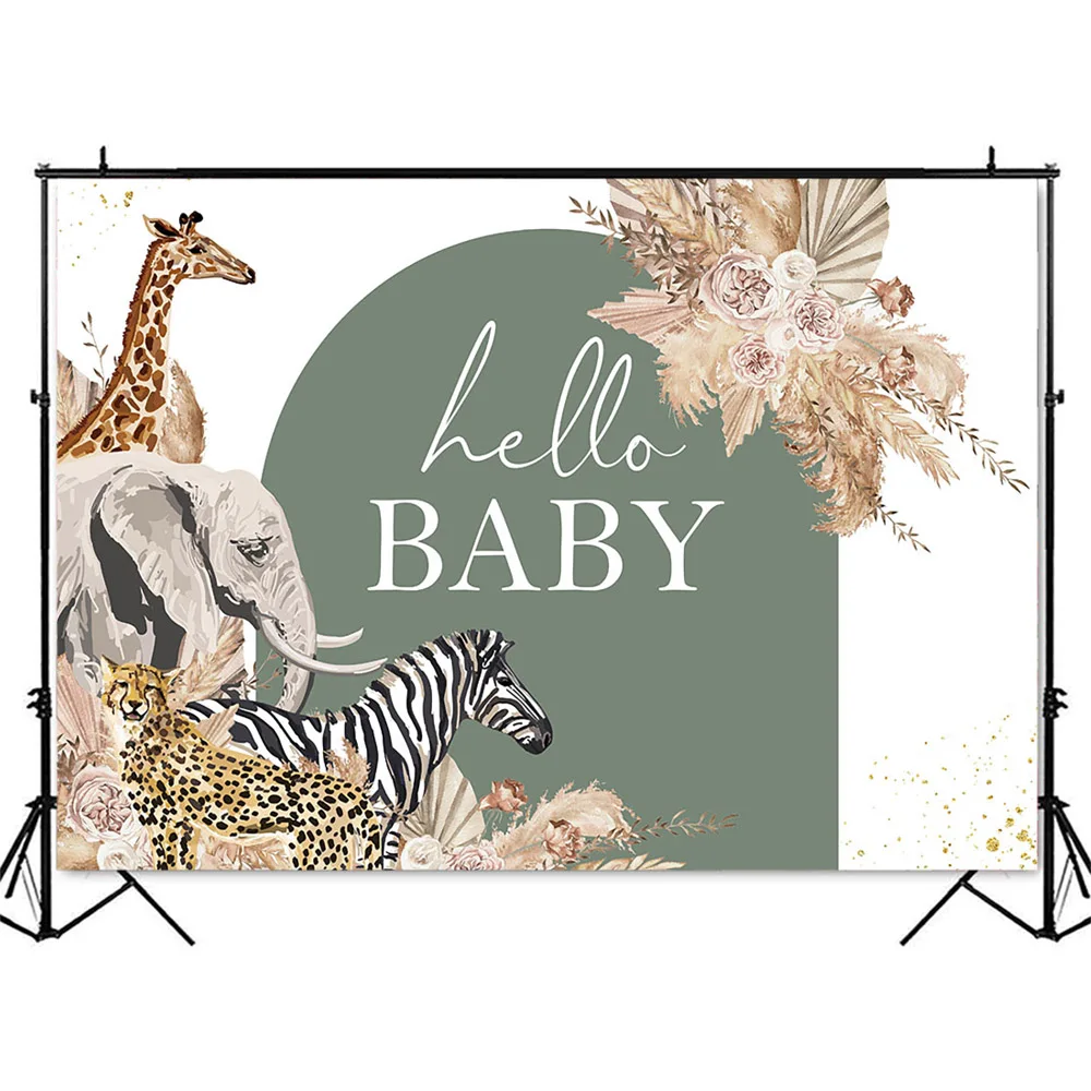 Hello Baby Shower Backdrop Safari Jungle Animals Photo Background Newborn Kids Gender Reveal Theme Party Decoration Pampas Grass