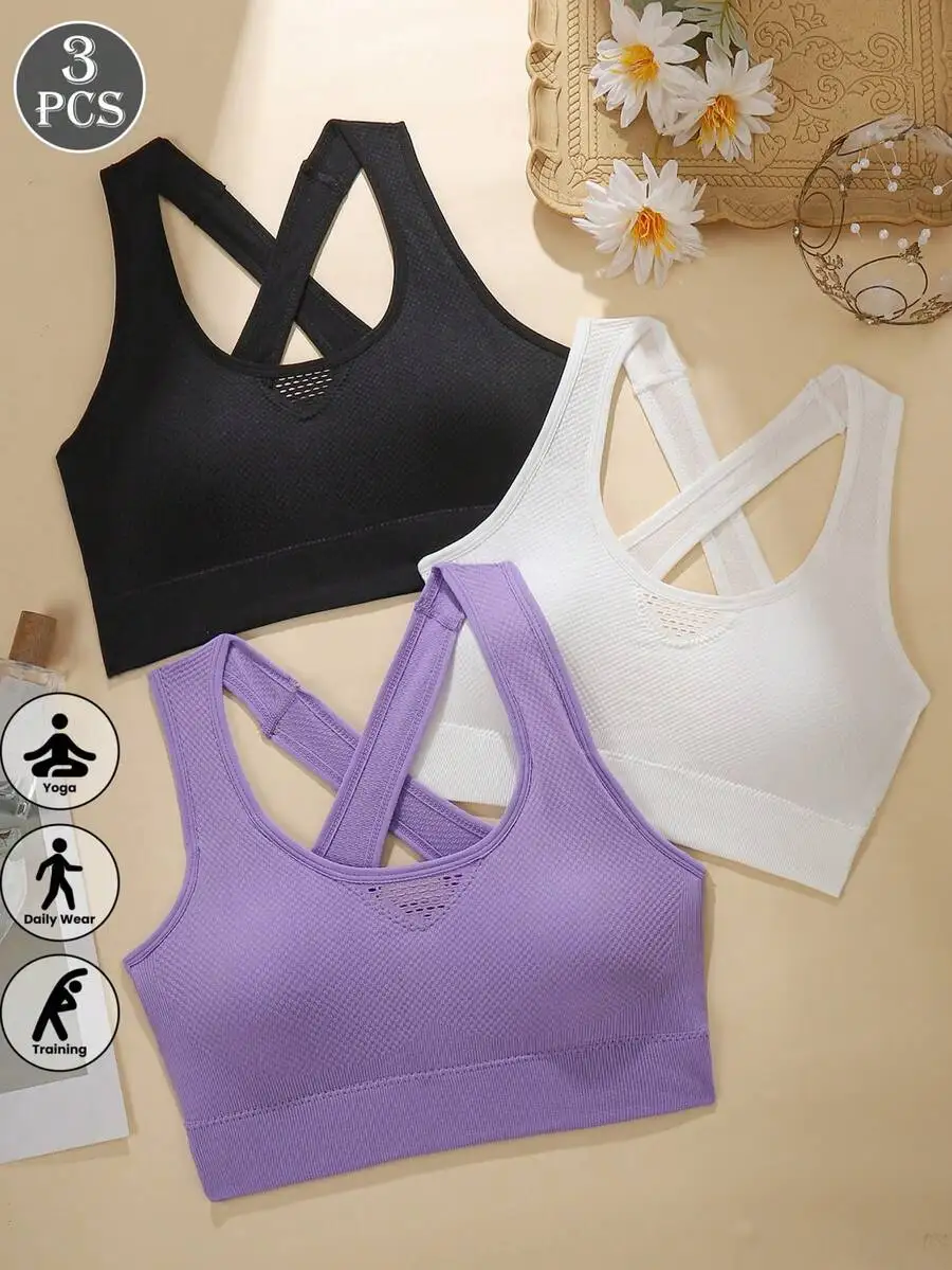 3pcs Criss-Cross Strap Sports Bra For Women, Yoga Gym Running Racerback Crop Top Brassiere Can Be Worn Outerwear