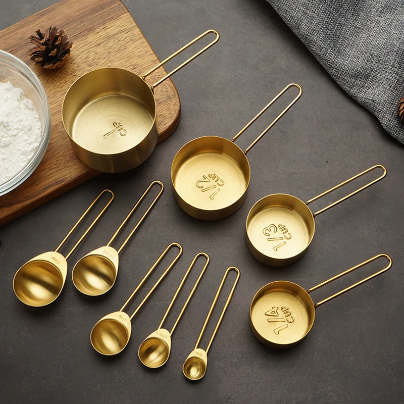 Stainless Steel 5 piece Measure spoon and 4 piece Measure Cup SetMultifunctional Golden Measuring Spoon Set Home Kitchen Accesso