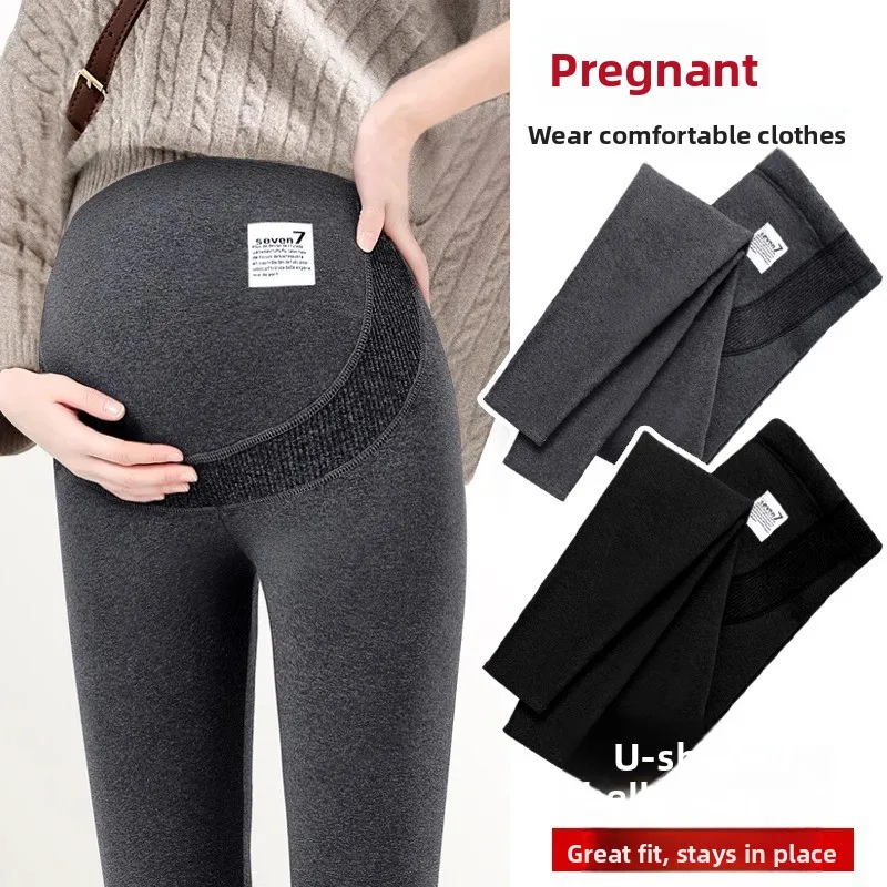 Maternity Trousers Autumn Winter Thickened Fleece Lined Warm Outerwear Bottoming Pants Long Polyester Fiber Ladies Fashion
