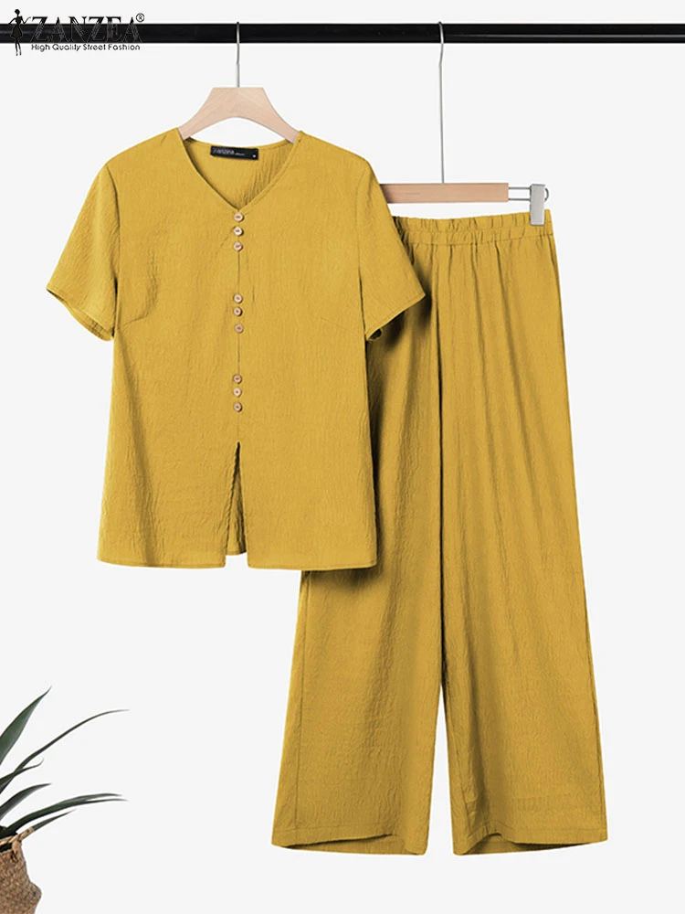 

ZANZEA 2025 Summer Women Pant Sets Short Sleeve V-Neck Tops and Long Wide Leg Pants Casual Solid 2pcs Vintage Two-piece Outfits