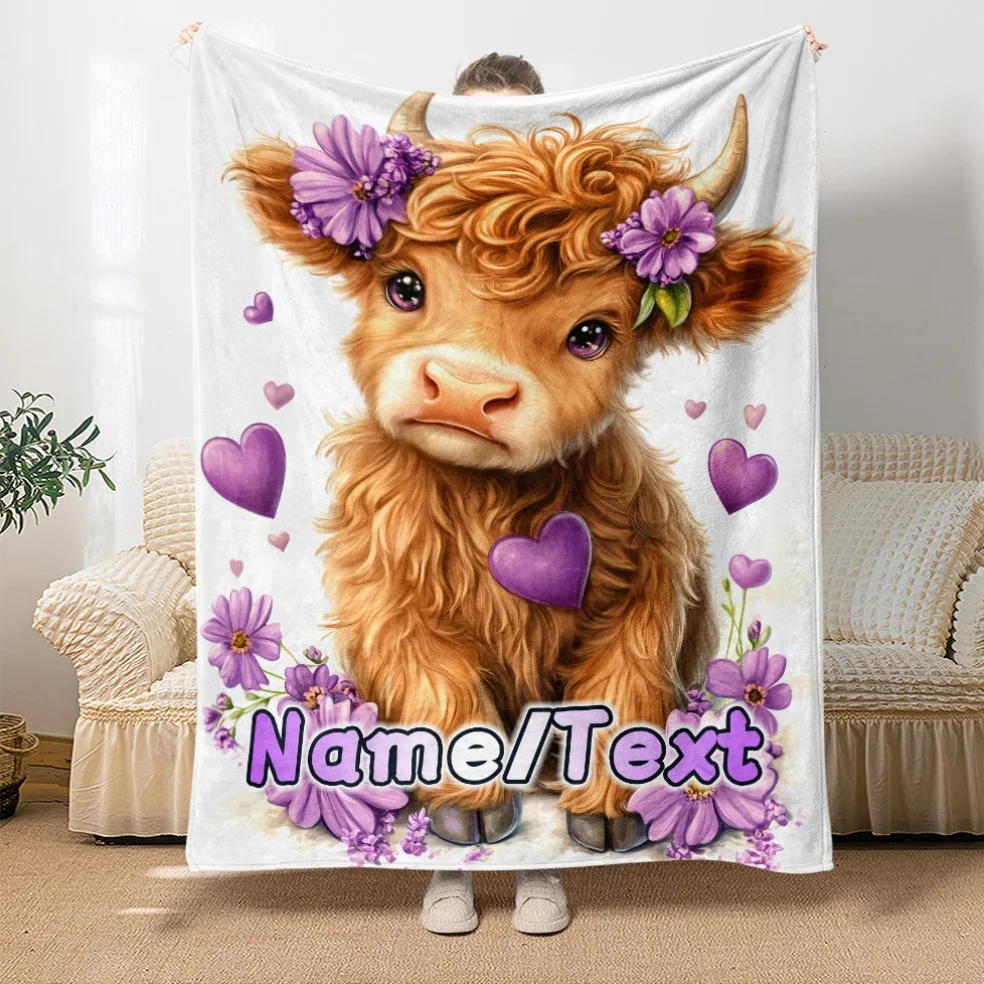 Фланелевое одеяло с индивидуальным именем Highland Cow Design, всесезонное, легкое, идеально подходит для дивана, спальни, офиса, путешествий
