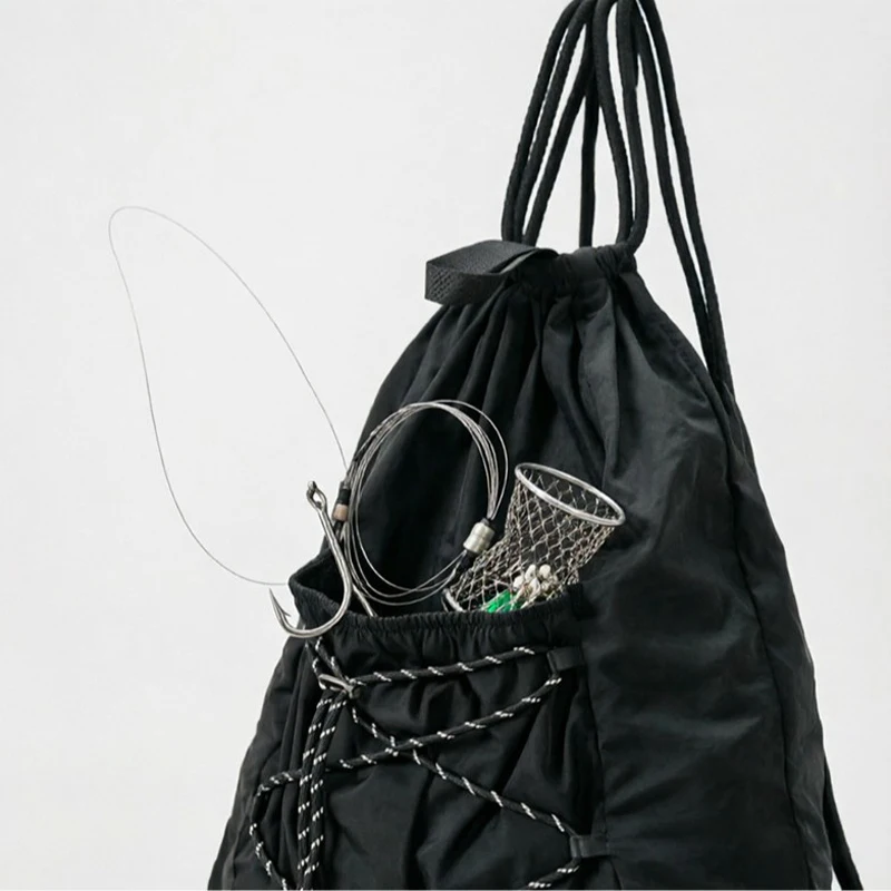 SHELKSBAG Unisex Wrinkled Nylon Drawstring Backpack Elastic Rope Water‑repellent Gym Sack Bag 14'' Laptop Travel Casual Sackpack
