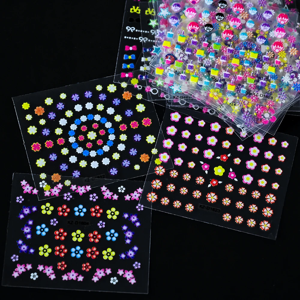 30pcs ผสมดอกไม้ Hearts MINI ชุดสติกเกอร์เล็บประกาย Glitter สีสัน Blossom 3D เล็บ Self-กาวเล็บ Sliders