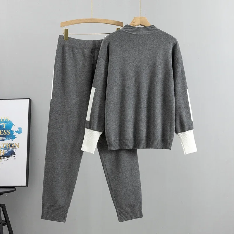 Autumn Runway 2 Pieces Set Knitted Long Sleeve Pullovers Sweater Casual Patchwork Fashion Women Tops and Pants Suits Spring N826