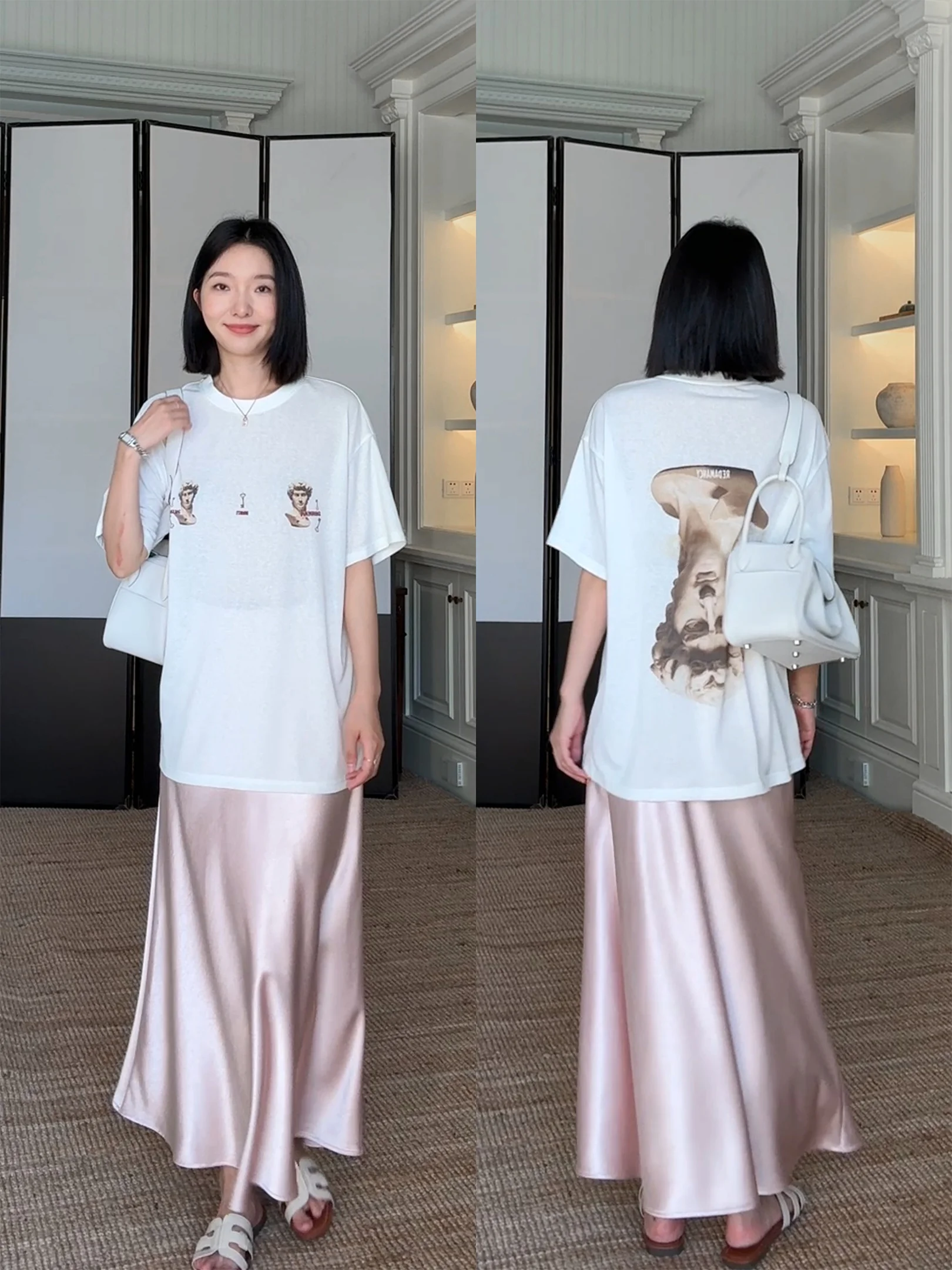 

Summer Casual Style Women's T-Shirt And Skirt Set round Neck Short Sleeve Pink Satin Fish Tail Half Body Skirt Loose Fit Cotton