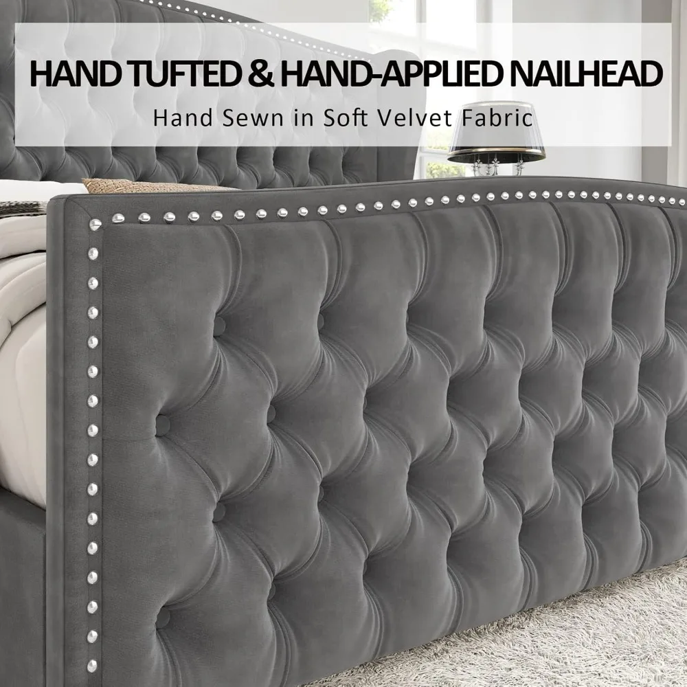 Queen Size Platform Bed Frame, Velvet Upholstered Bed with Deep Button Tufted & Nailhead Trim Wingback Headboard/No Box Spring