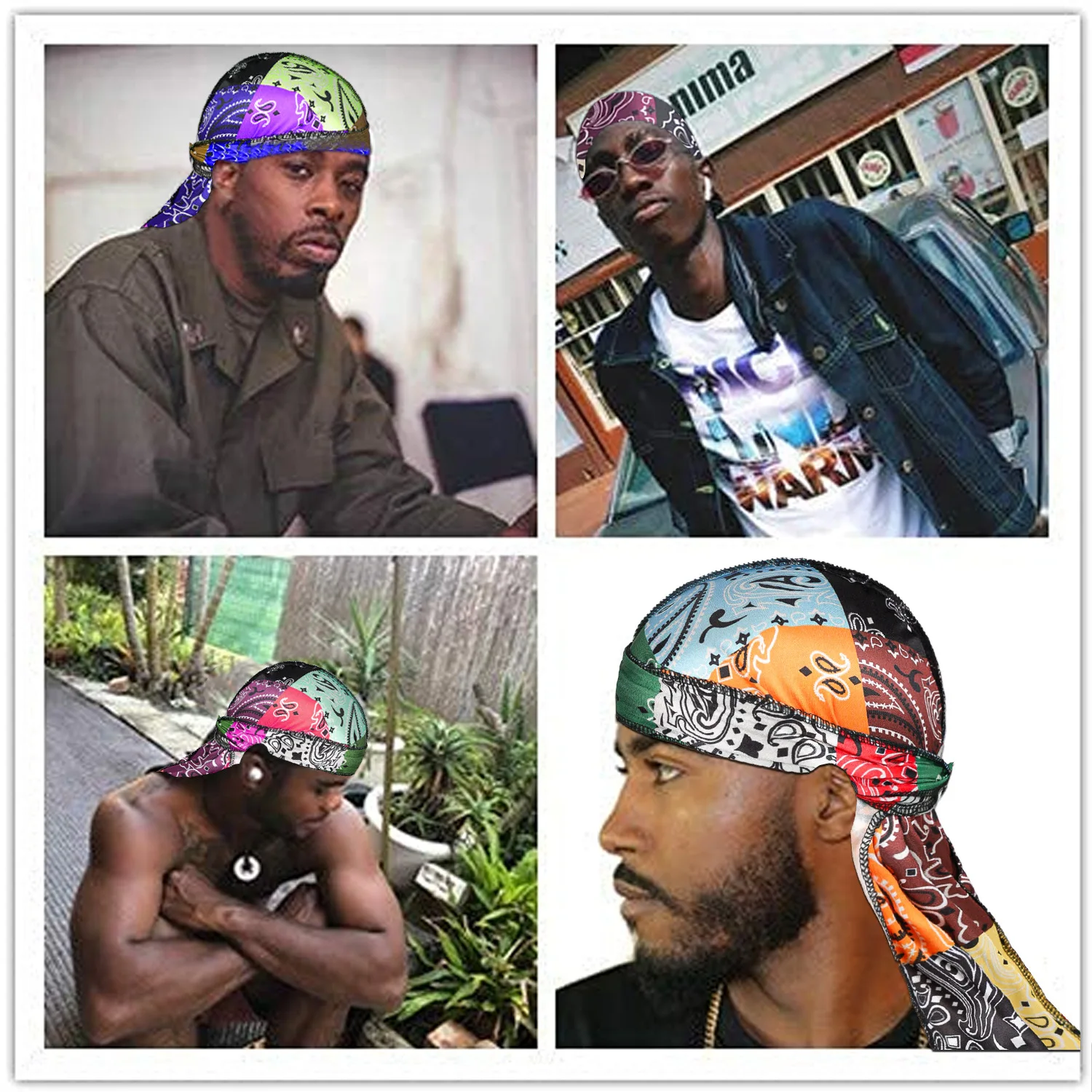 Paisley Printing Silky Durags Bandanas for Men Biker Headwrap Doo Rag Pirate Hat Cap Long Straps Headwear Head Scarf Wave Cap