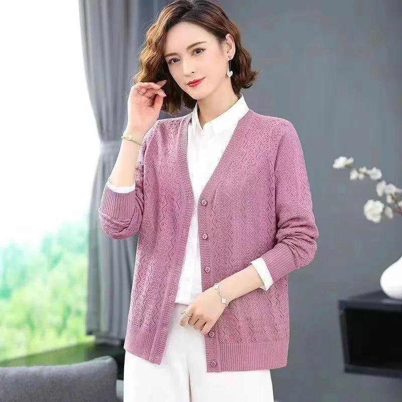 V Neck Sweater Women Spring Women Clothing Long Sleeve Hollow Out Sweater Cardigan Solid Thin Knitwear Single-breasted