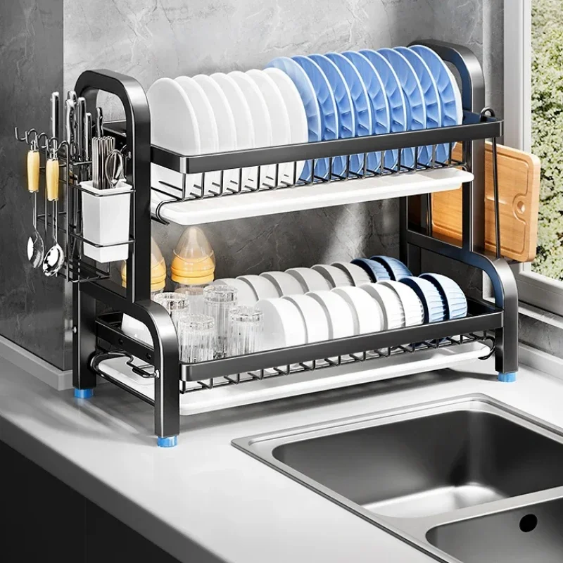 2-Tier Compact Kitchen Dish Drying Rack Large Rust-Proof Dish Drainer with Utensil Holder and Drainboard Set