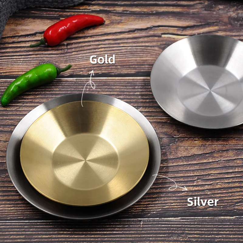 304 Stainless Steel Round Golden Plate Household Snack Soy Sauce Hot Pot Seasoning Dish Dipping Sauce Dish