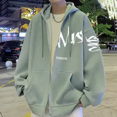 

Мужская толстовка на молнии с капюшоном, свободного кроя, больших размеров, повседневная, из хлопка, весна-осень, модная верхняя одежда