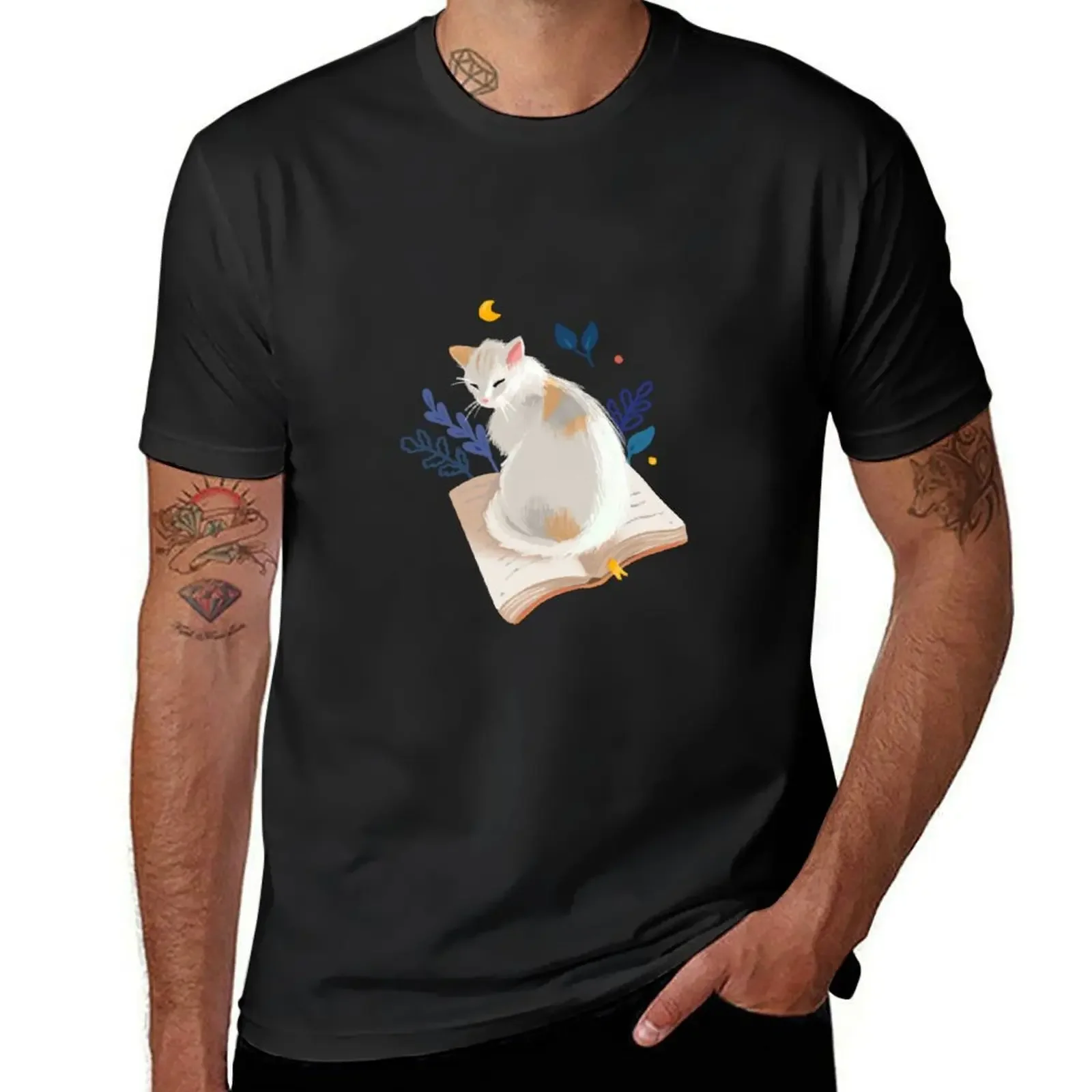 

Reading at night - sitting cat T-Shirt custom t-shirts Funny t-shirts anime clothes mens graphic t-shirts
