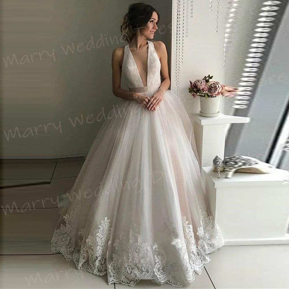 Elegant A Line Women's Wedding Dresses Classic Lace Appliques Bride Gowns New Modern Halter Neck Backless Vestidos Novias Boda