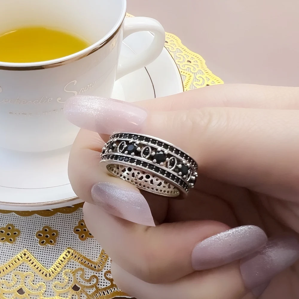 Women's Black Vintage 925 Sterling Silver Ring, Elegant Gift