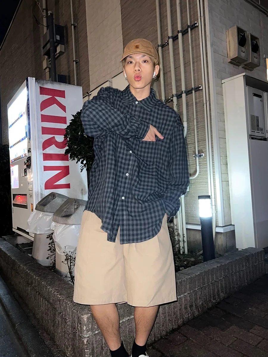 

Ретро японский Sle y Long Sve Plaid irt Мужское свободное повседневное весенне-осеннее длинное пальто в клетку Sve Jaet