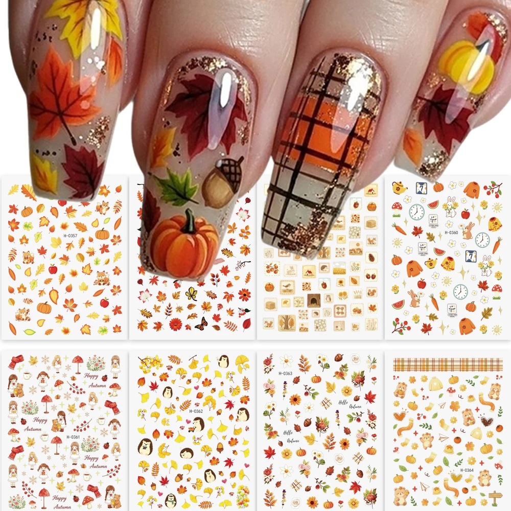 8Pcs Autumn Maple Leaf Animal Nail Stickers 3D Cute Hedgehog Fox Ginkgo Leaf Berries Adhesive Nail Decals DIY Fall Manicure Slid