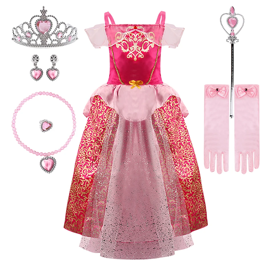 Little Girls Rapunzel Belle Aurora and Cinderella Christmas Princess Cosplay Dress with Accessories Suitable Banquet Ball Gown