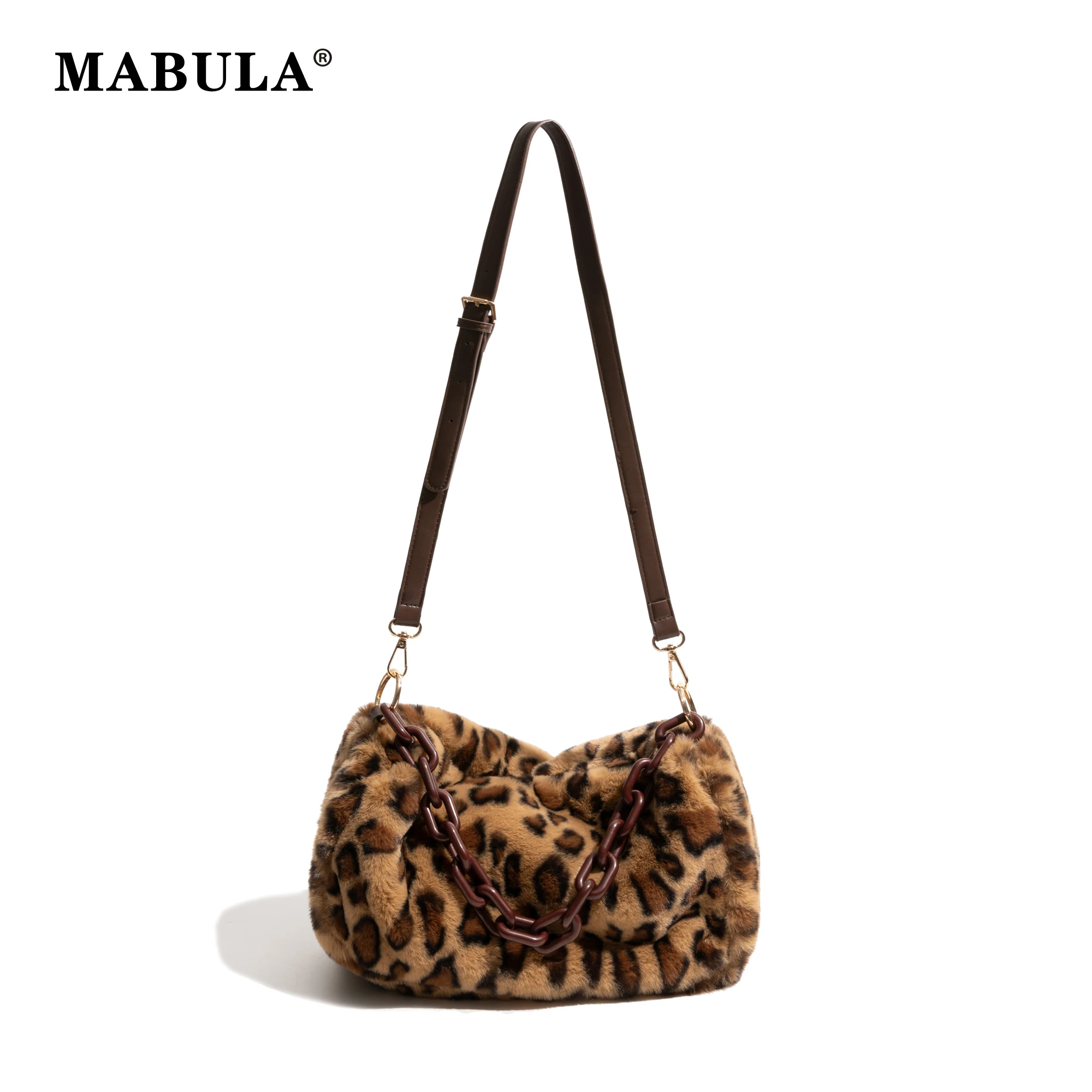 

MABULA Women's Shoulder Bag Animal Print Leopard Pattern Plush Lady Hobos Purse with Chain Winter Warm Fluffy Underarm Bag