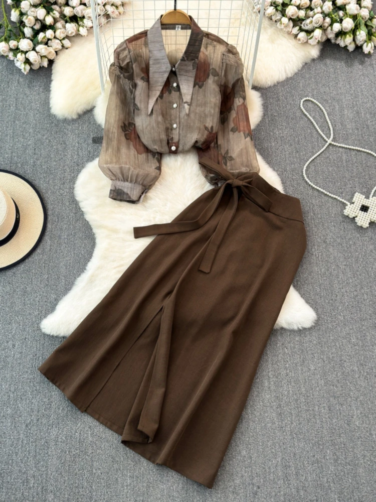 

Fashion Vintage Matching Sets Long Sleeve Print Shirts Lace-up Forked High Waist Long Skirts Spring Female Slim Women's Clothing