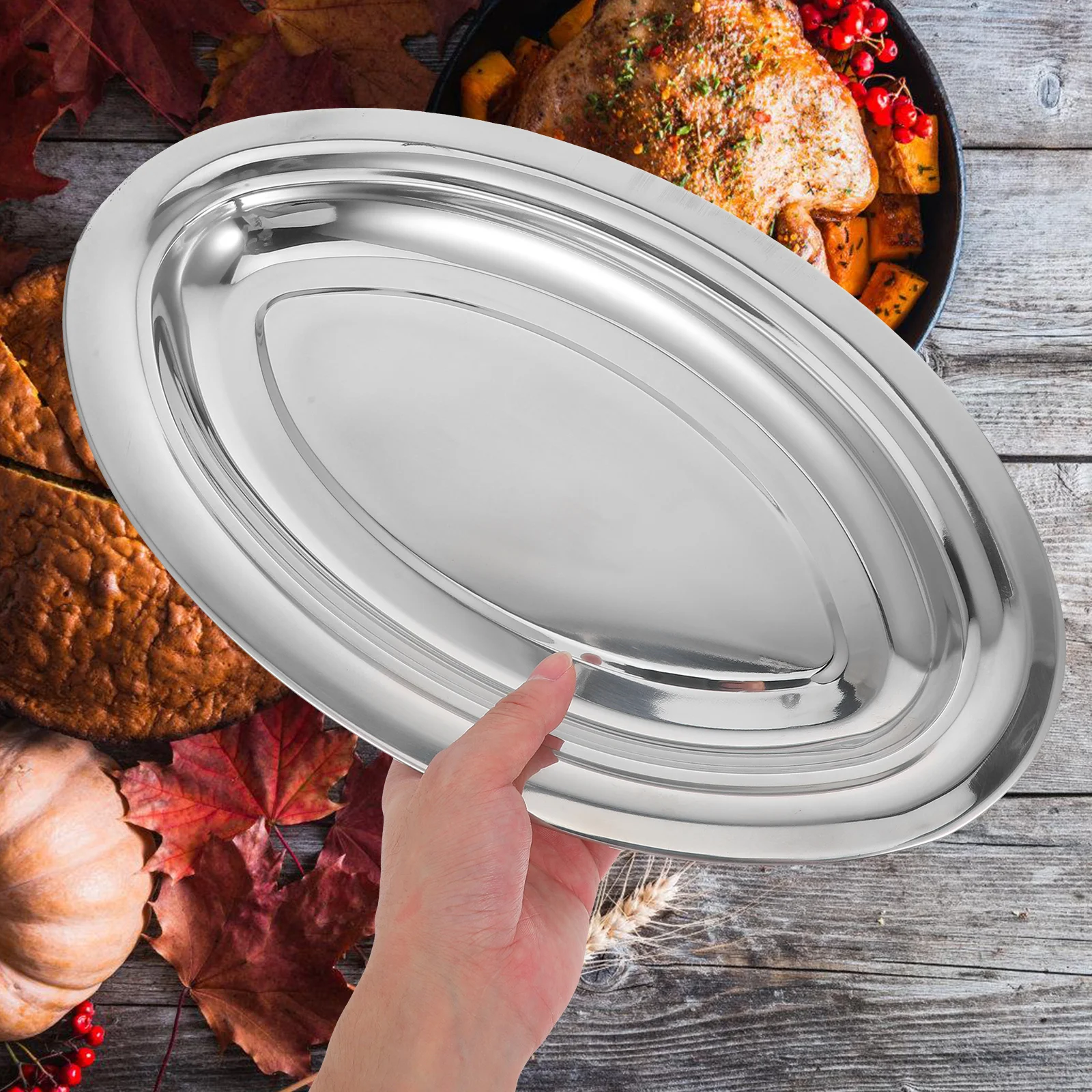 Decorate Oval Disk Child Tray Silver Salvers Stainless Steel Meat Server Plate Home Snack Dish