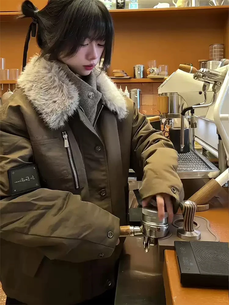 

Thiened Cotton Jaet Men's Winter Workwear Sle Zipper Closure Long Sve Coat American Retro High-End Collar Stand up