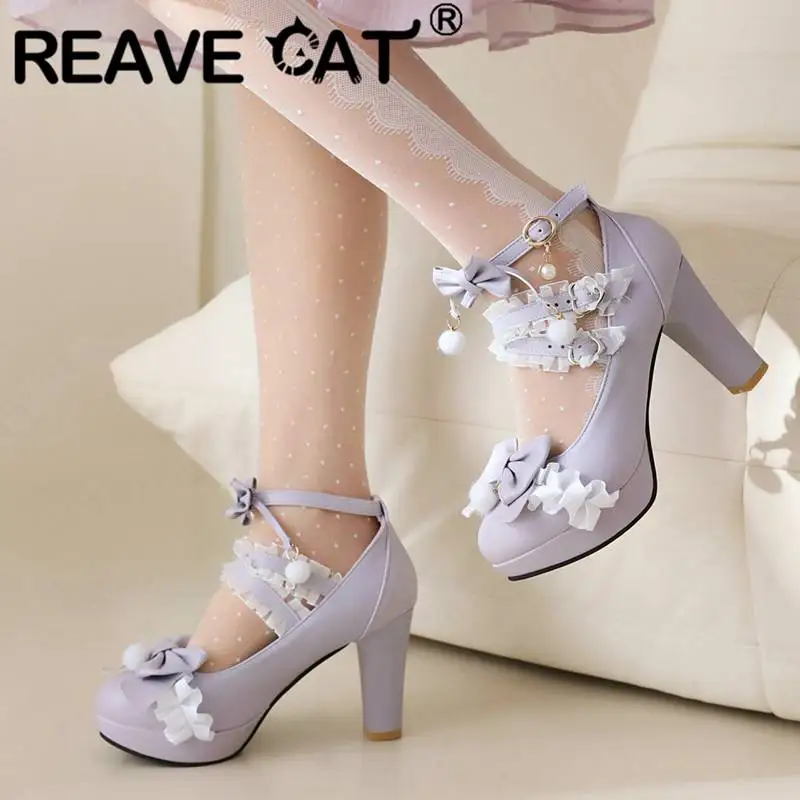 REAVE CAT Design Women Pumps Round Toe Ultrahigh Heel 9cm Buckle Strap Lace Bowknot Sweet Lolita Girls Shoes 44 45 46