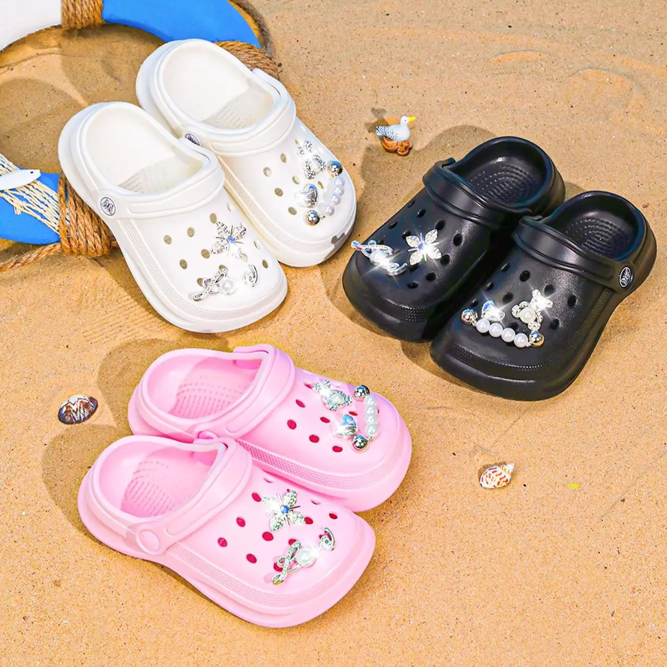 Kids Slip-On Clogs and Mules - Breathable, Waterproof, EVA Garden Shoes with Decorative Chain for Beach and Everyday Wear 168