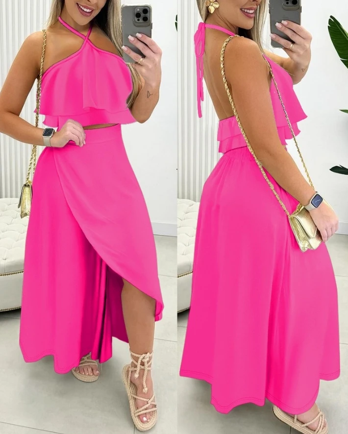 

Two Piece Casual Women Elegant Summer Vacation Tied Detail Backless Halter Sleeveless Ruffles Crop Top and Slit Maxi Skirt Set