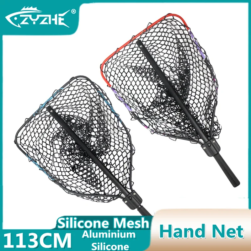 

ZYZ Folding Fishing Hand Net Aluminium Alloy Mesh Frame Silicone Mesh-Pocket Sea or Freshwater Fishing Hand Dip Net Tackle