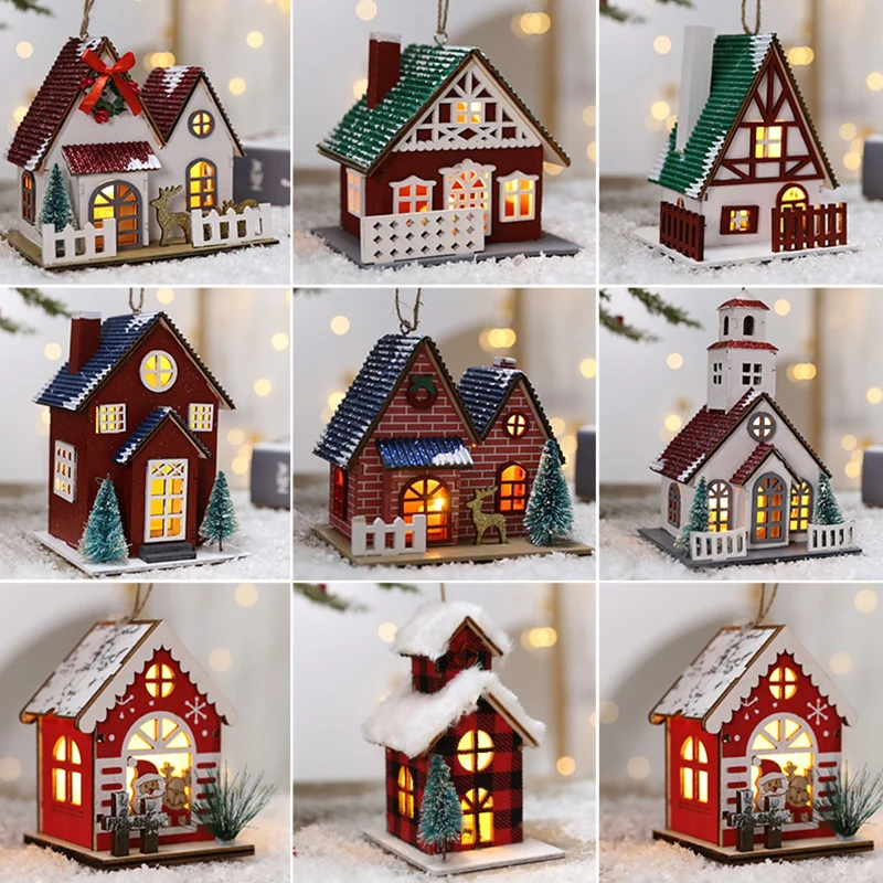 LED Wooden Christmas House Mini Xmas Snow Houses Winter Village Building Figurines Table Ornaments Holiday Party Decor