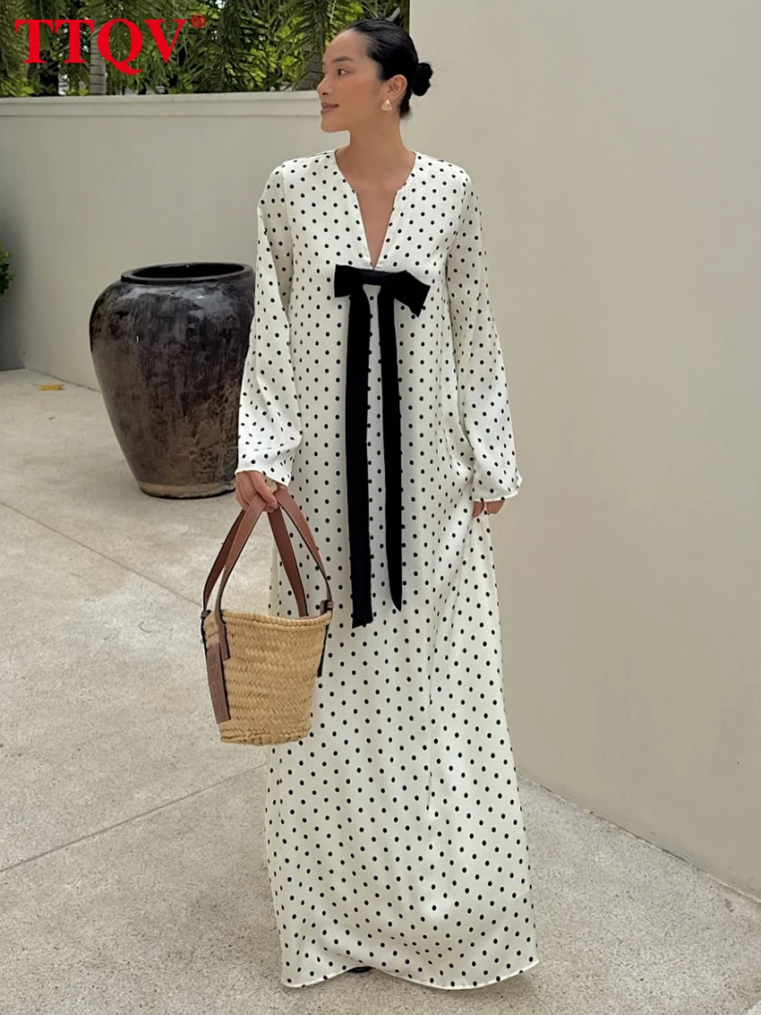 

TTQV Fashion Loose Print Women's Dress 2025 Sexy V-Neck Long Sleeve Maxi Dresses Elegant Classic Bow Dress Female Clothing