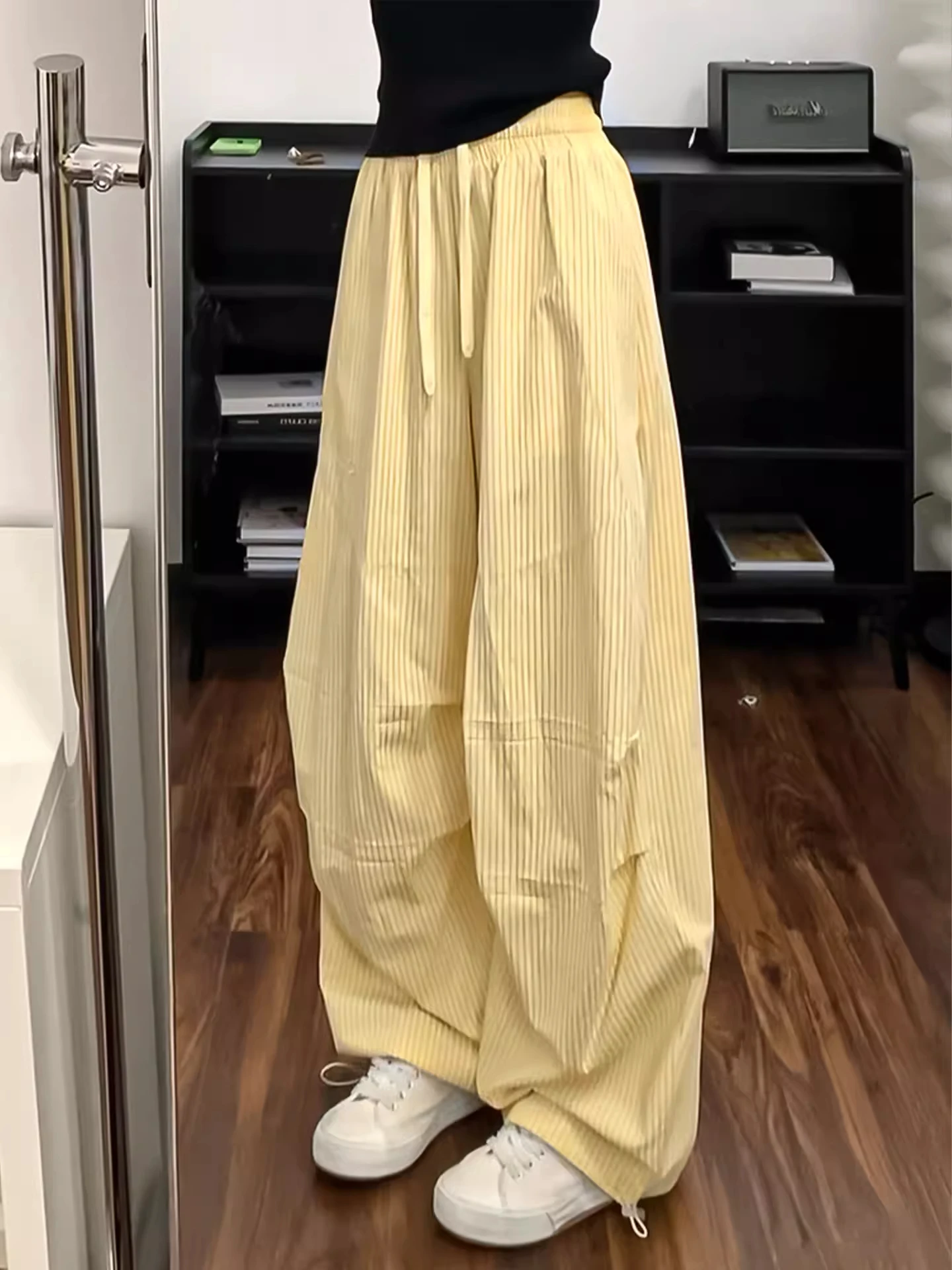 

Yellow Striped Embroidered Casual Loose Wide Leg Jazz Dancing Pants Women Summer Thin Lightweight Workwear Trousers High Waist