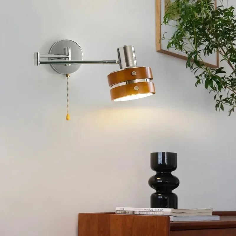 2026 Nordic LED Wall Lamp Folding Rocker Arm Wall Light Solid Wood Retractable Sconces Indoor Lighting Room Decor For Bedside Be
