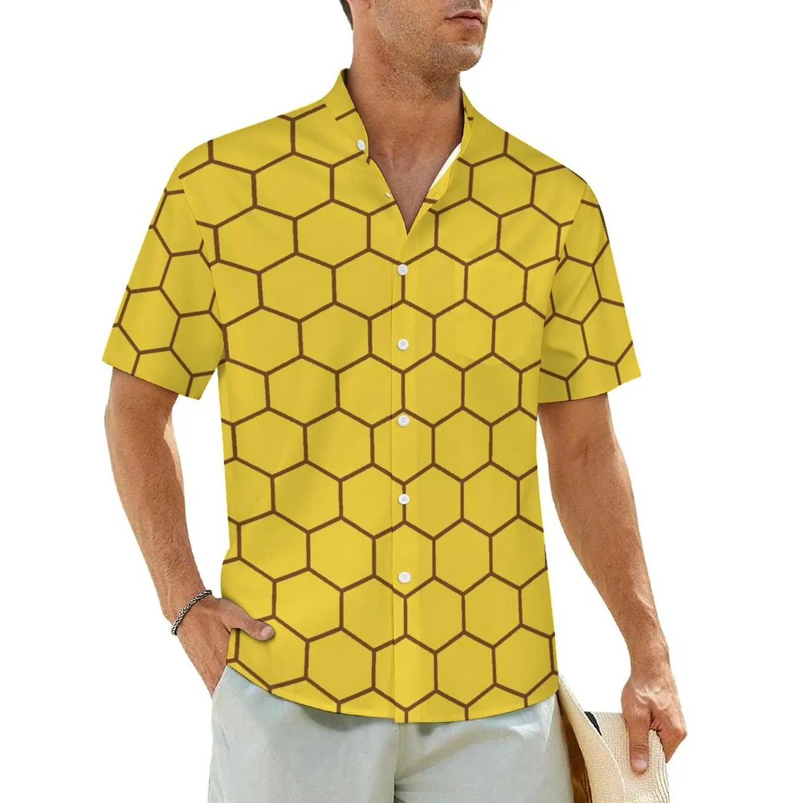 Yellow Honeycomb Casual Shirt Abstract Arts Elegant Hawaii Shirts Man Short-Sleeve Vacation Breathable Graphic Oversized Blouses