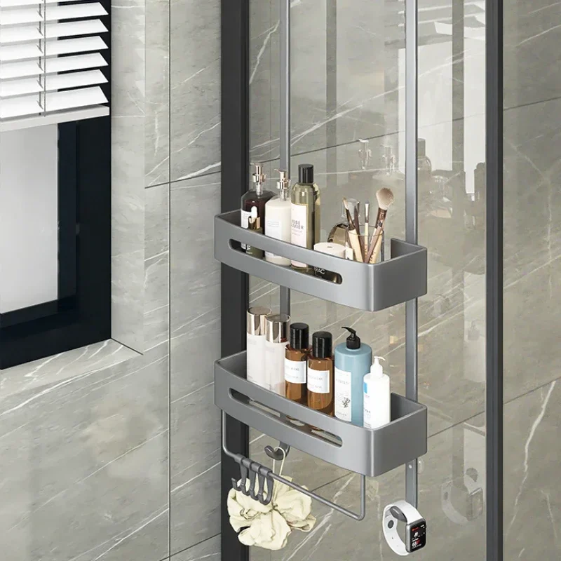 

Behind-the-Door Glass Bathroom Shelves, Non-Perforated Towel Storage, Hanging Organizer, Space-Saving Design for Bathroom Use