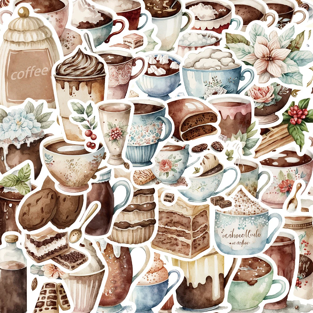 

10/30/50pcs Vintage Coffee Cup Graffiti Stickers Afternoon Tea Sticker Decoration Bottle Fridge Scrapbooking Laptop Decals Toy