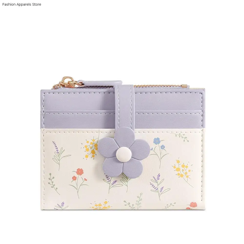 

Flowers Printed Mini Coin Purse Multi-Cards Slot PU Leather Women's Short Wallet Portable Creative Mini Keychain Bag Girls