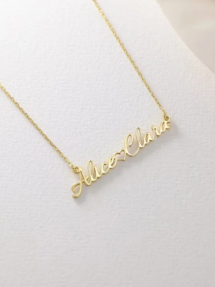 Mother Daughter Twin Necklaces - Personalized Gold Color Name Jewelry with Interlocking Hearts (2 Names 1 Heart)