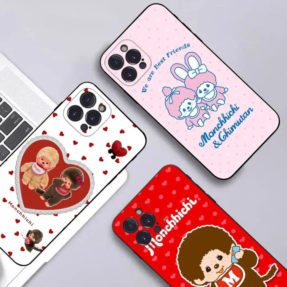 Niedliche Cartoon M-Monchhichi Schwarze Weiche Handyhülle für iPhone 16 15 14 13 11 12 17 Pro Max Mini Plus