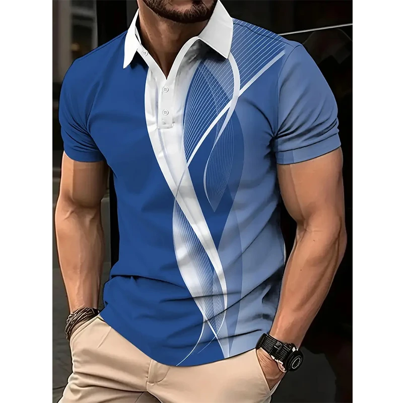 Men's Polo Shirt 3d Colorful Line Print Short Sleeve POLO Shirts For Men Fashion Man Clothes Loose Oversized Golf Sport Shirts