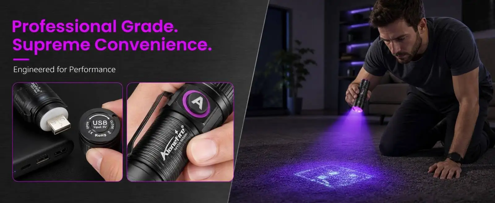 Zoom 365nm/395nm USB Wiederaufladbare Mini-UV-Taschenlampe zur Erkennung von Katzen- und Hundeurin, Tinea, Geld, Erz, Jade und Skorpionen – Detail 1