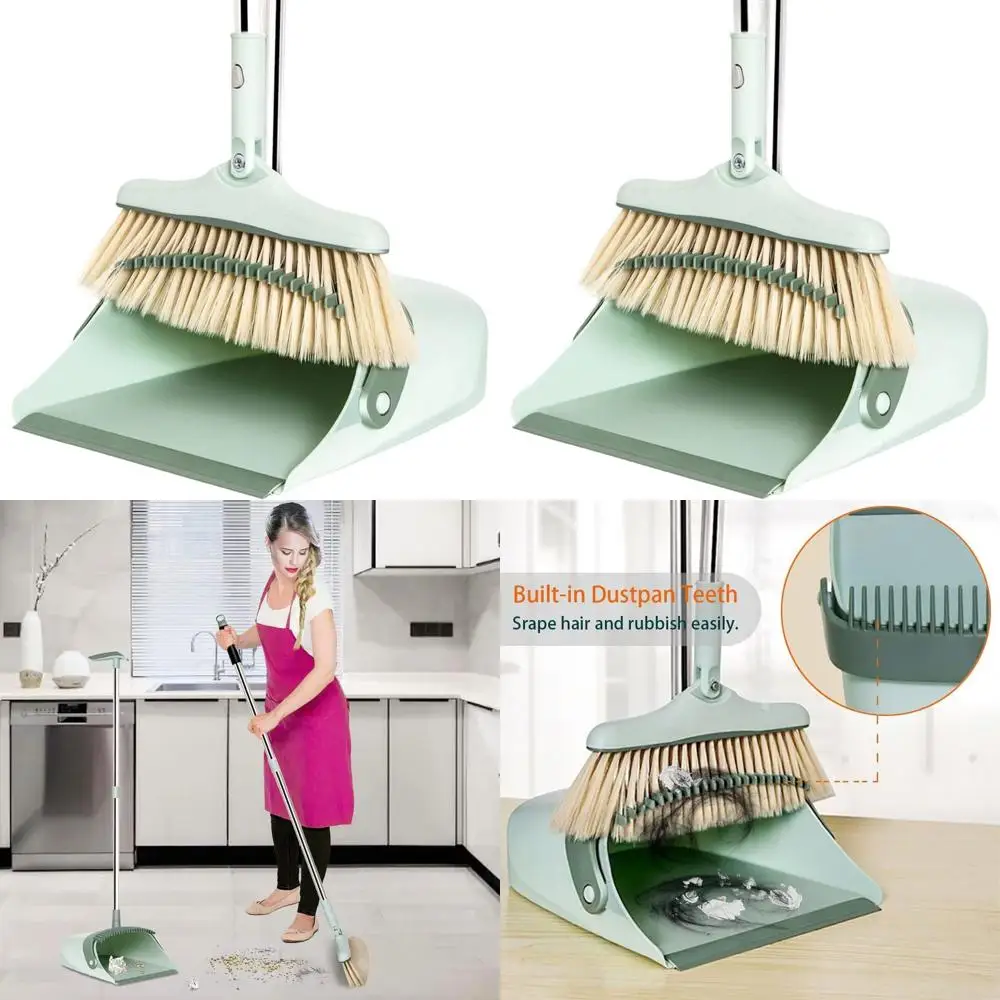 

Green Heavy-Duty Long-Handled Broom and Dustpan Set for Indoor/Outdoor Use, Upright Standing with Teeth for Home, Kitchen, Offic