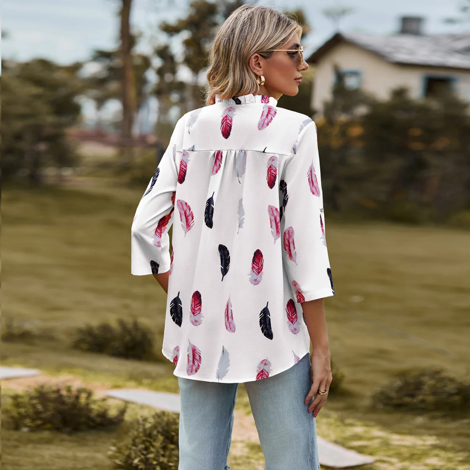 Fashion Woman Blouse Shirts For Women Stylish Top Half Sleeve Feather Pattern White Female Tops Chiffon Women\'s Autumn Clothing