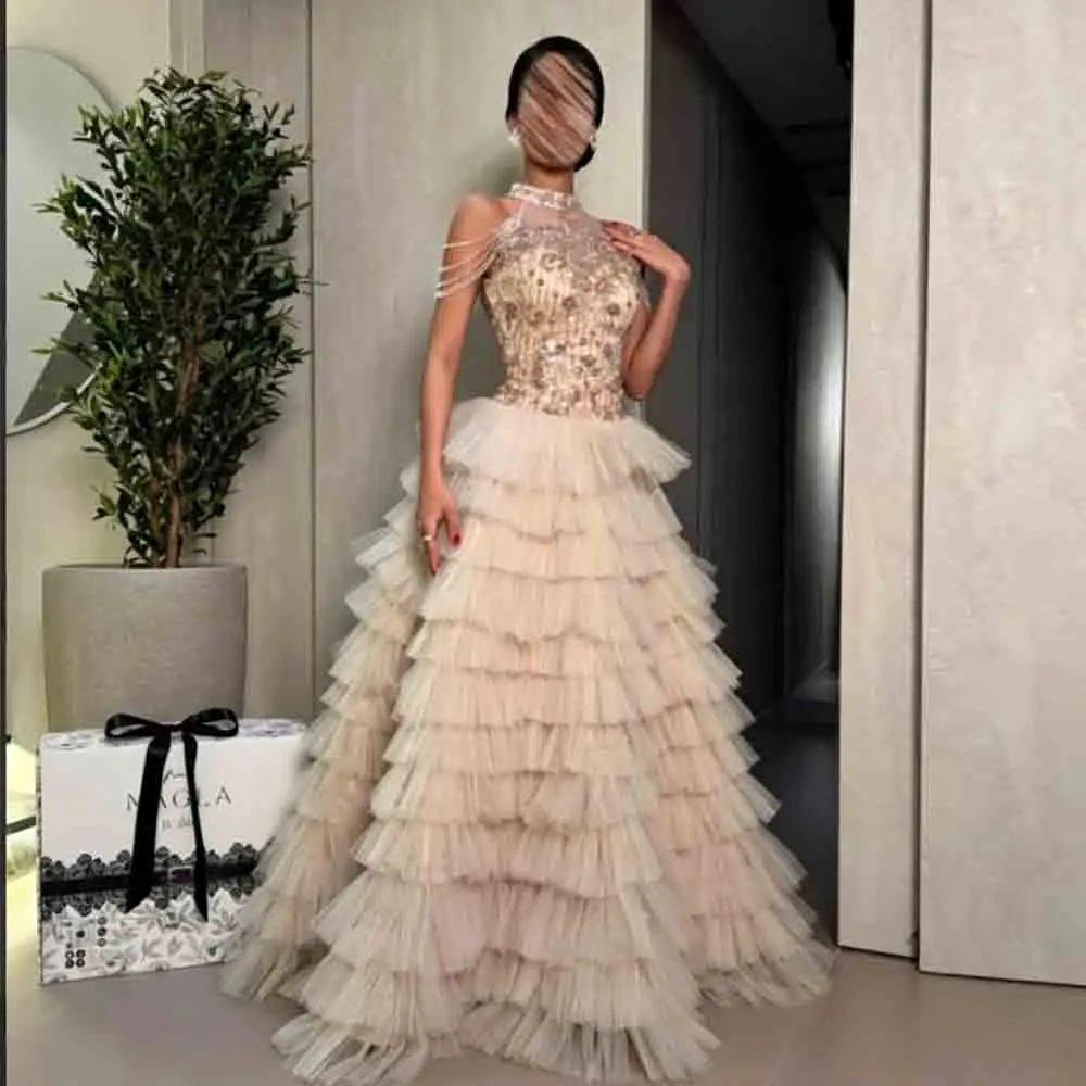 

Customized Champagne Halter Neck Evening Dress with Beaded Sequin Bodice, Ruffled Tulle Tiered Skirt Formal Ball Gown