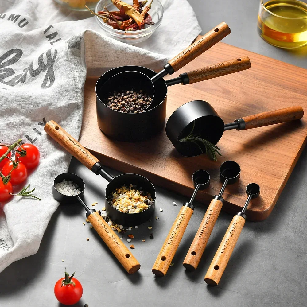 4/8Pcs Wooden Handle Measuring Cup Spoon Stainless Steel Measuring Spoon Kitchen Accessories Kitchen Baking Tools